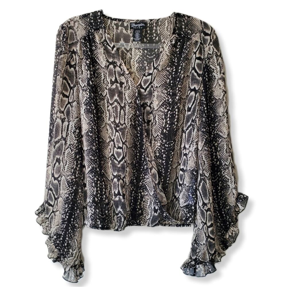 Women Sheer Chiffon Snake Wrap Blouse M Ruffle Romantic Feminine Neutral